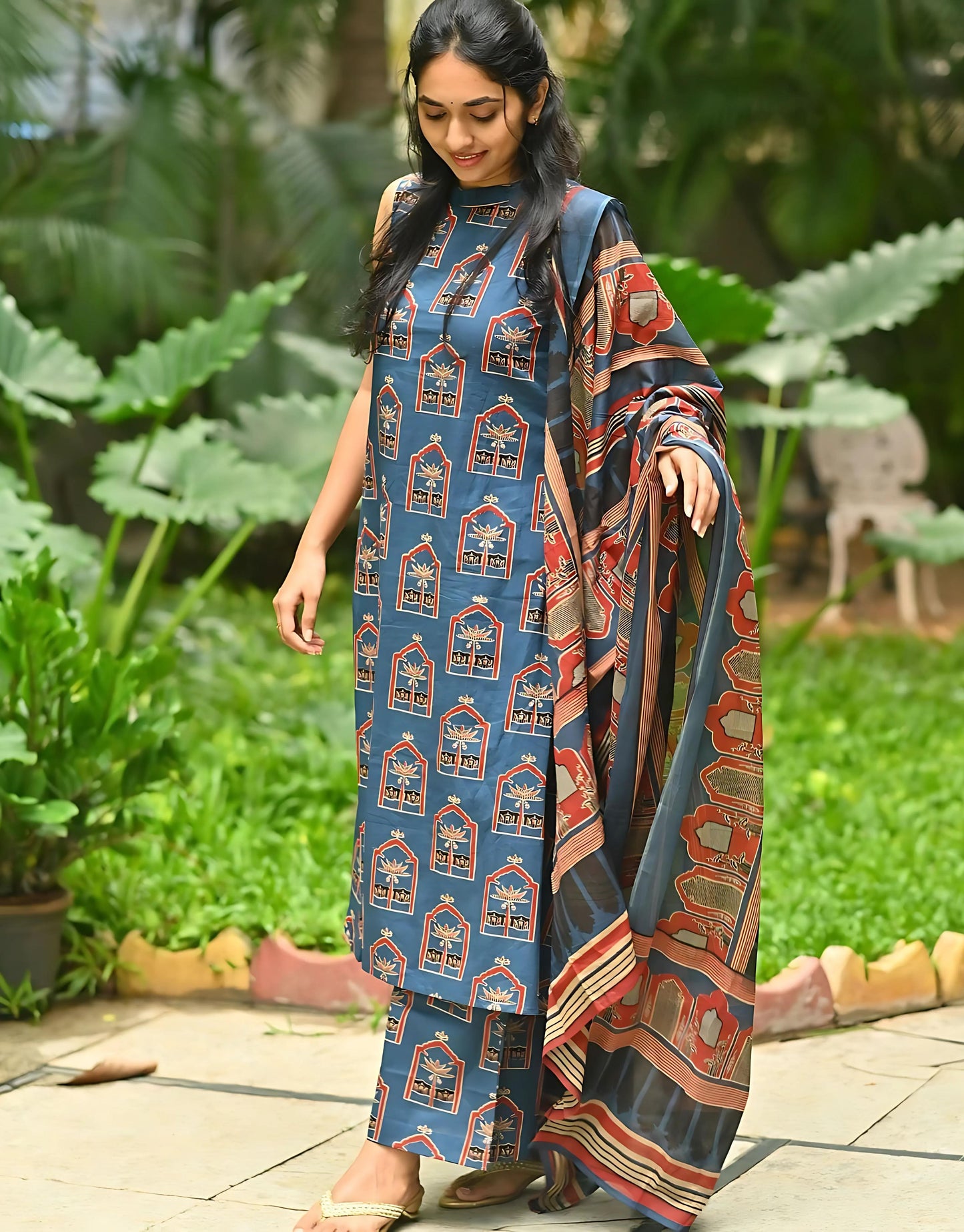Halter Neck Ajrakh Handprint Kurta Set- Gulabi Paridhan