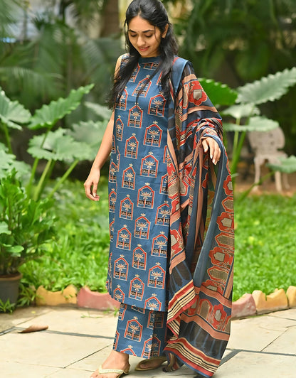 Halter Neck Ajrakh Handprint Kurta Set- Gulabi Paridhan