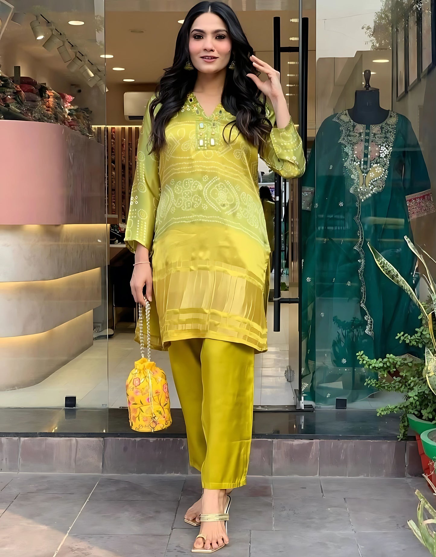 Partywear Bandhani Printed Silk Coord Set- Gulabi Paridhan