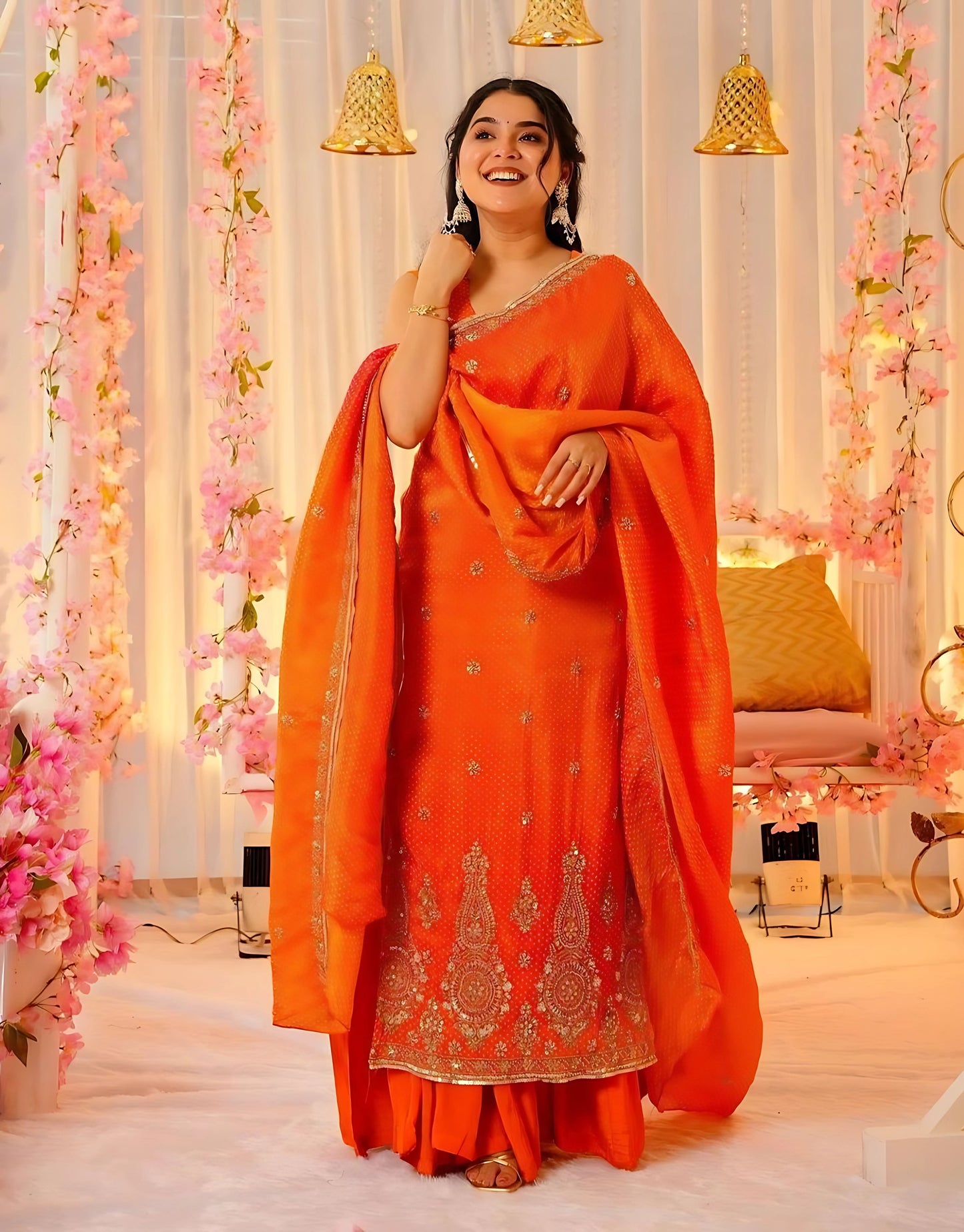 Rajasthani Bandhani Kurta with bandhani dupatta and Garara Set- Gulabi Paridhan