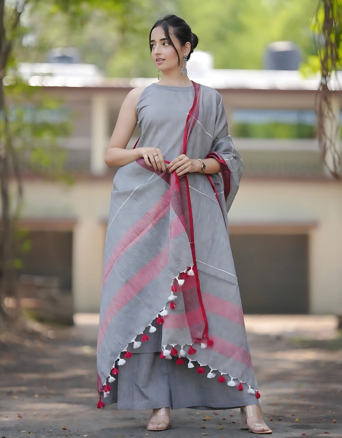 Grey Halter Neck South Cotton Kurta Set- Gulabi Paridhan