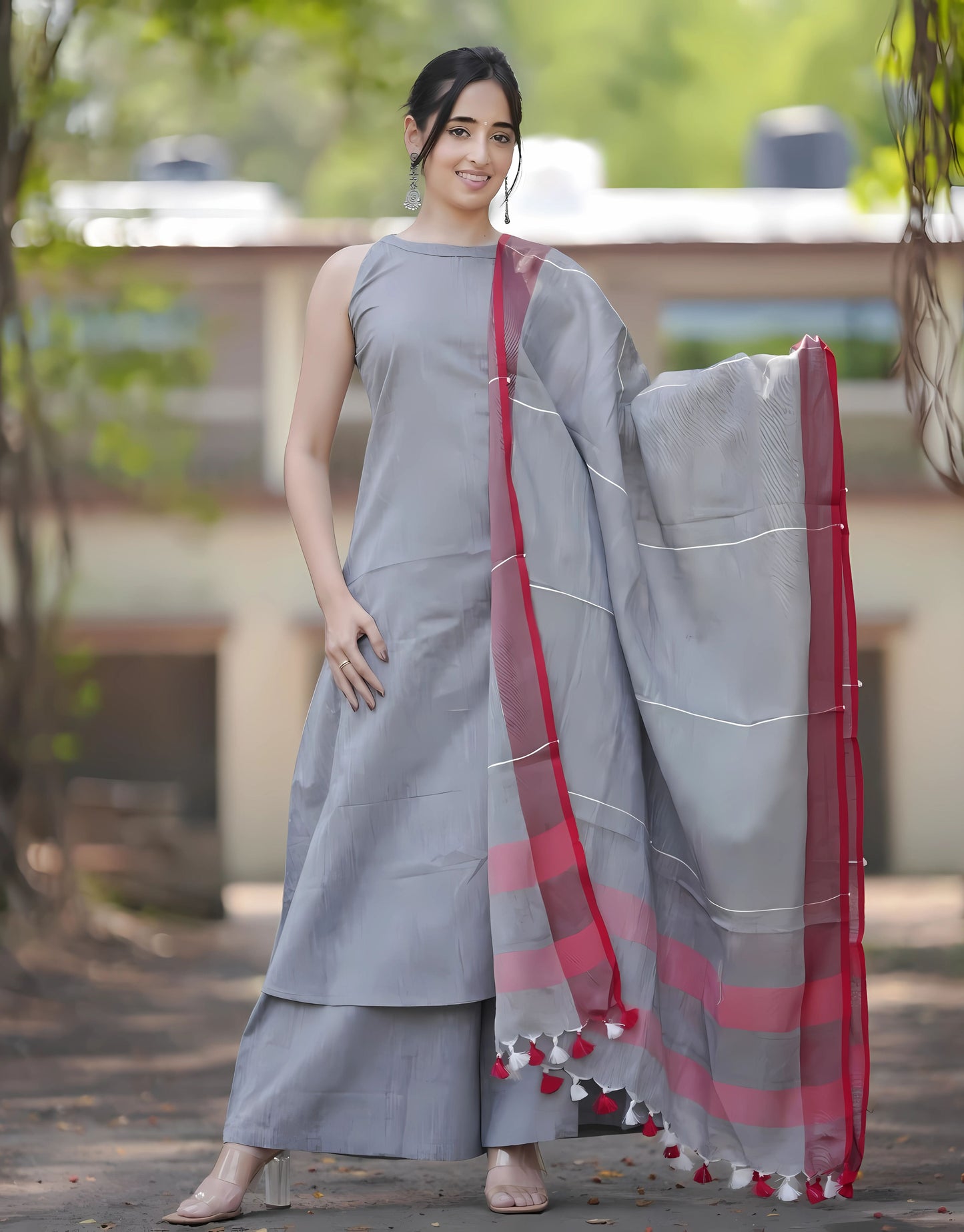Grey Halter Neck South Cotton Kurta Set- Gulabi Paridhan