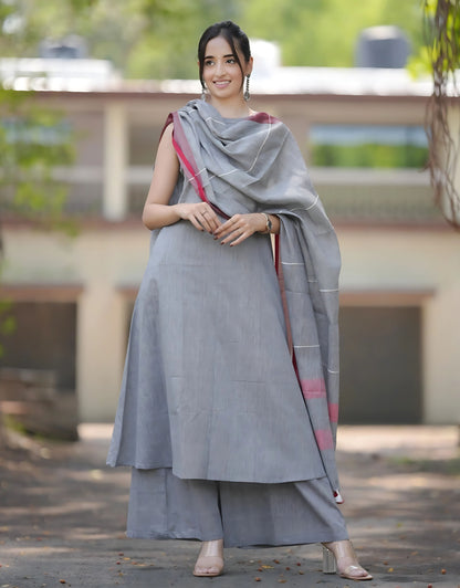 Grey Halter Neck South Cotton Kurta Set- Gulabi Paridhan