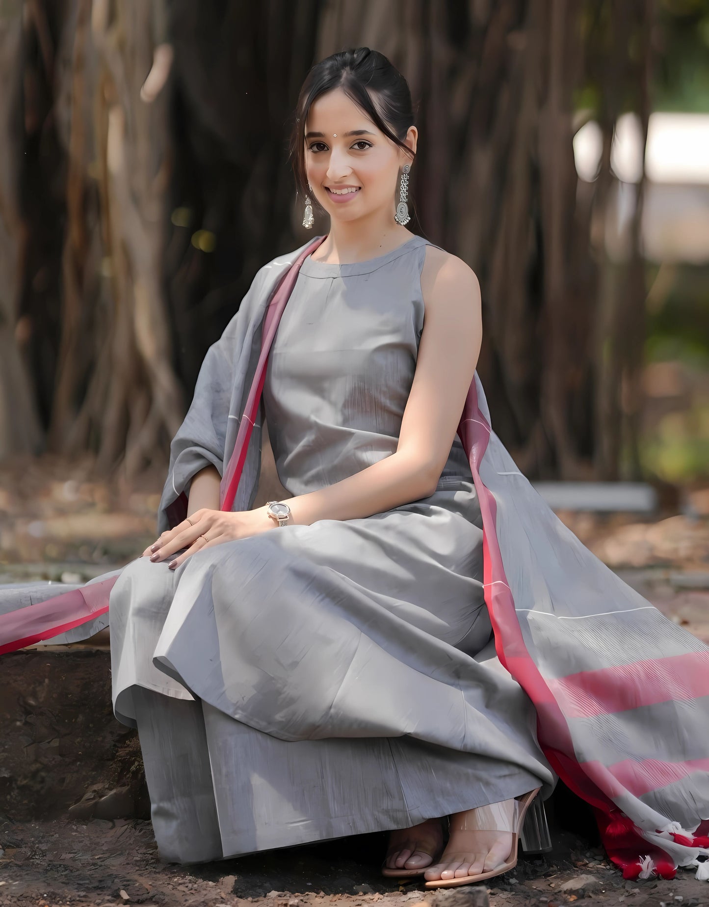 Grey Halter Neck South Cotton Kurta Set- Gulabi Paridhan