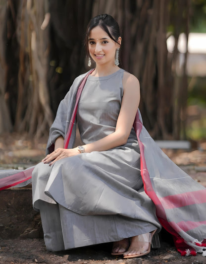 Grey Halter Neck South Cotton Kurta Set- Gulabi Paridhan