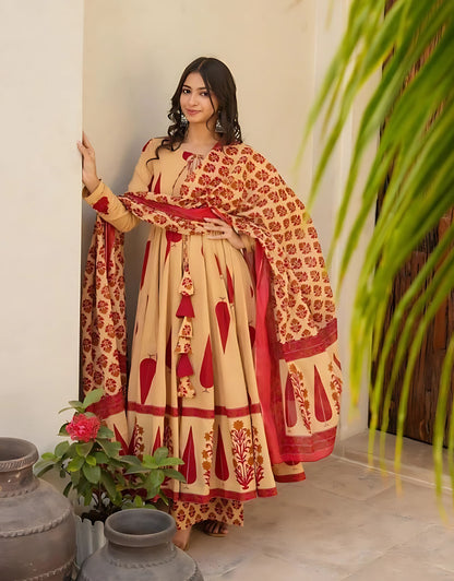 Jahanvi Mughal Blockprinted Anarkali Set- Gulabi Paridhan