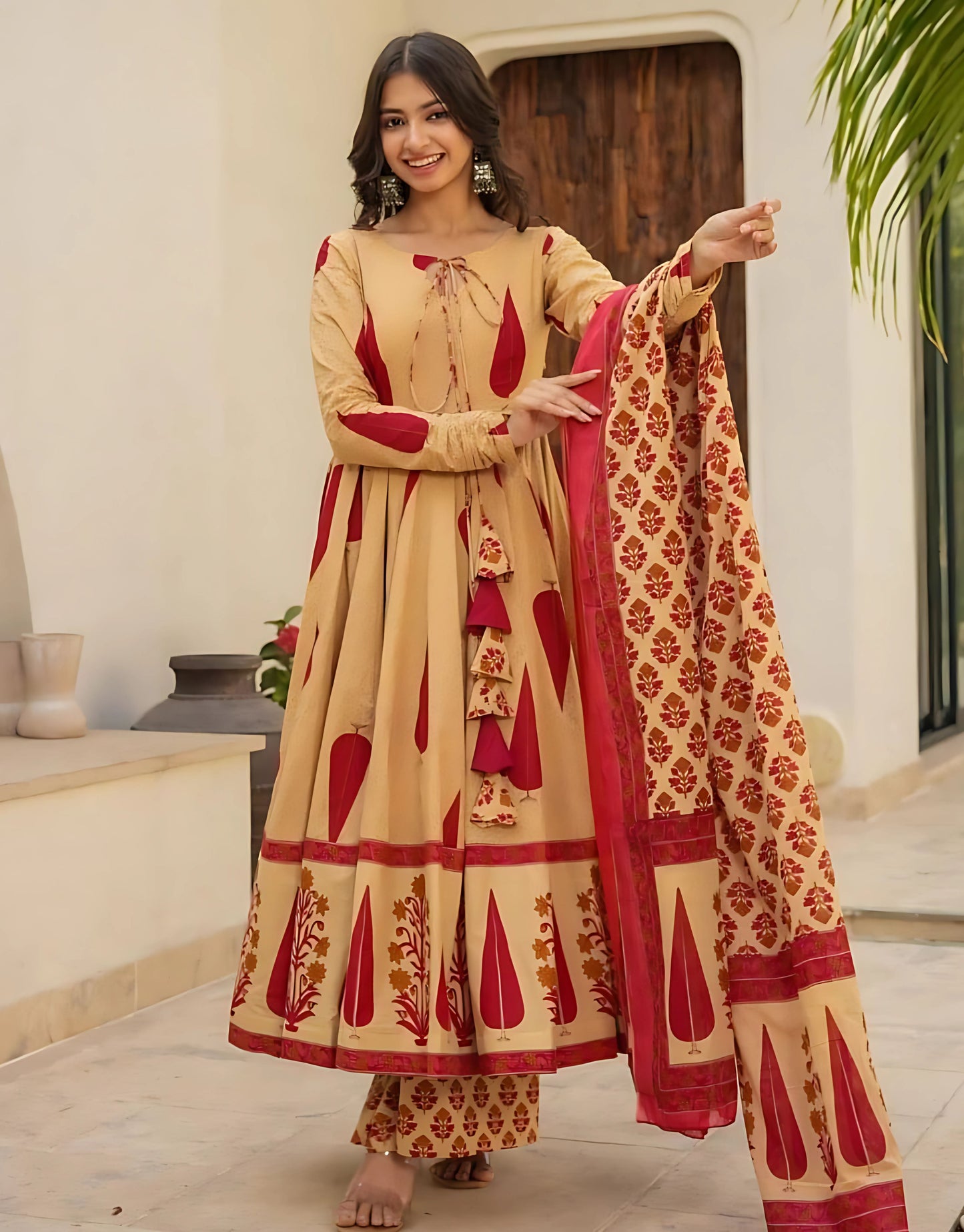 Jahanvi Mughal Blockprinted Anarkali Set- Gulabi Paridhan