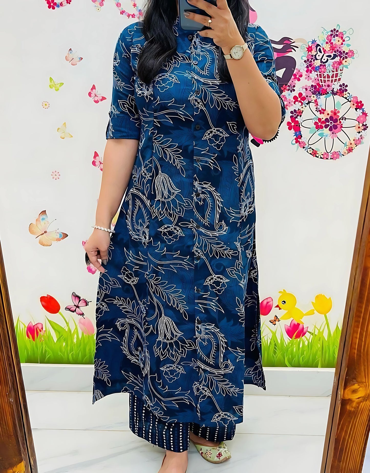 Indigo Diva Cotton Aline Kurti Set-Gulabi Paridhan