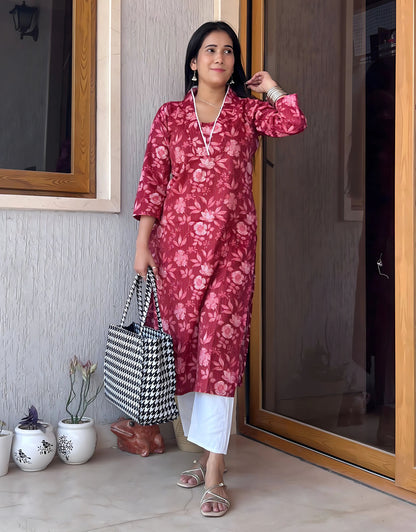 V-Neck Printed Casual Office Wear Kurti with Pant Set