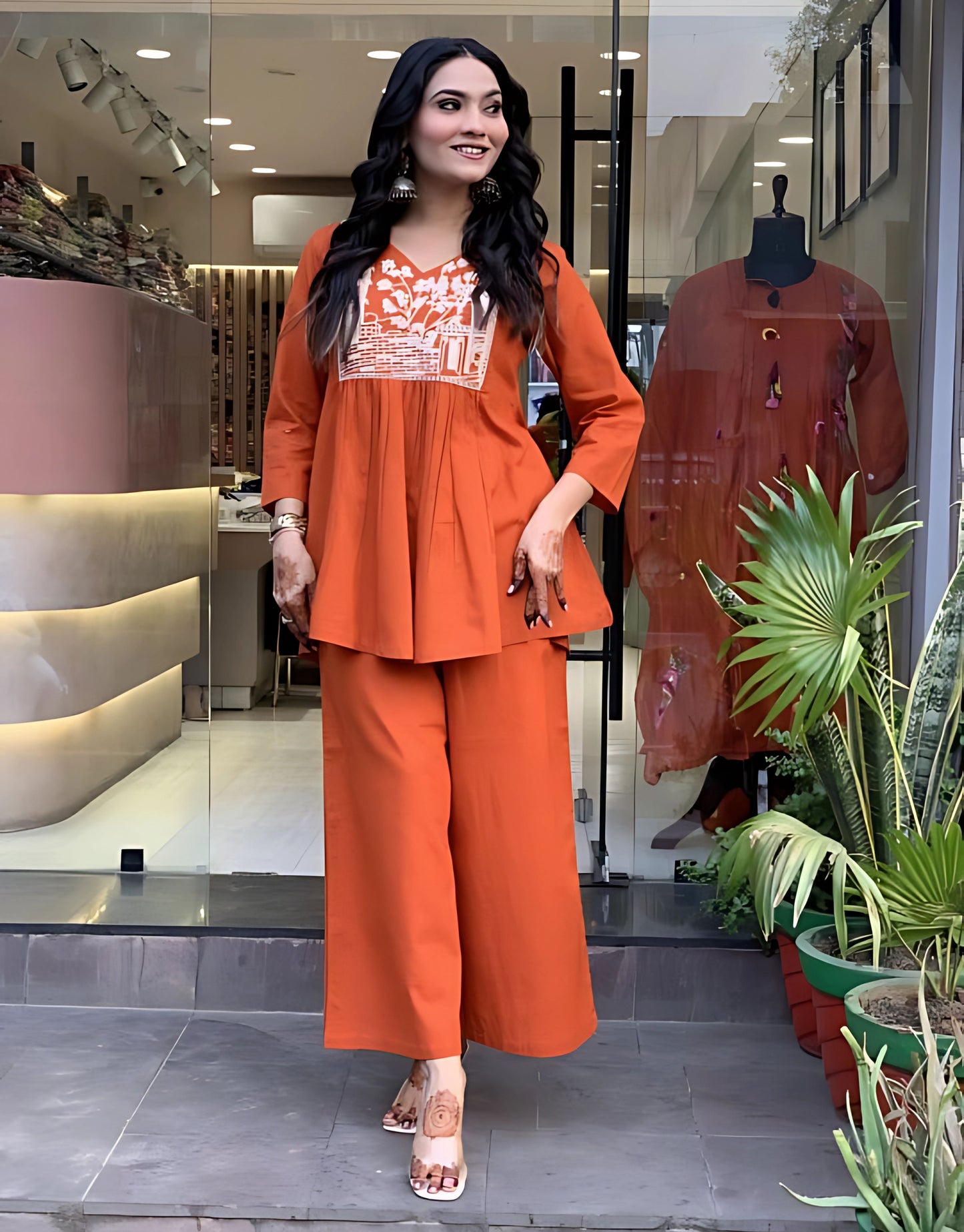 Pure Cotton Orange Peplum top with Palazzo Coord Set- Gulabi Paridhan