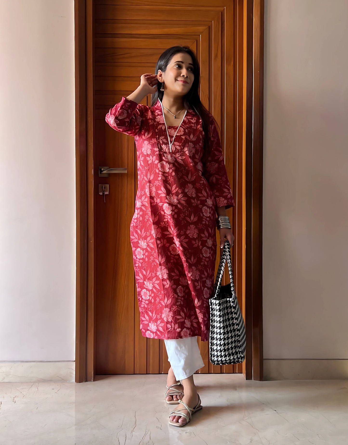 V-Neck Printed Casual Office Wear Kurti with Pant Set