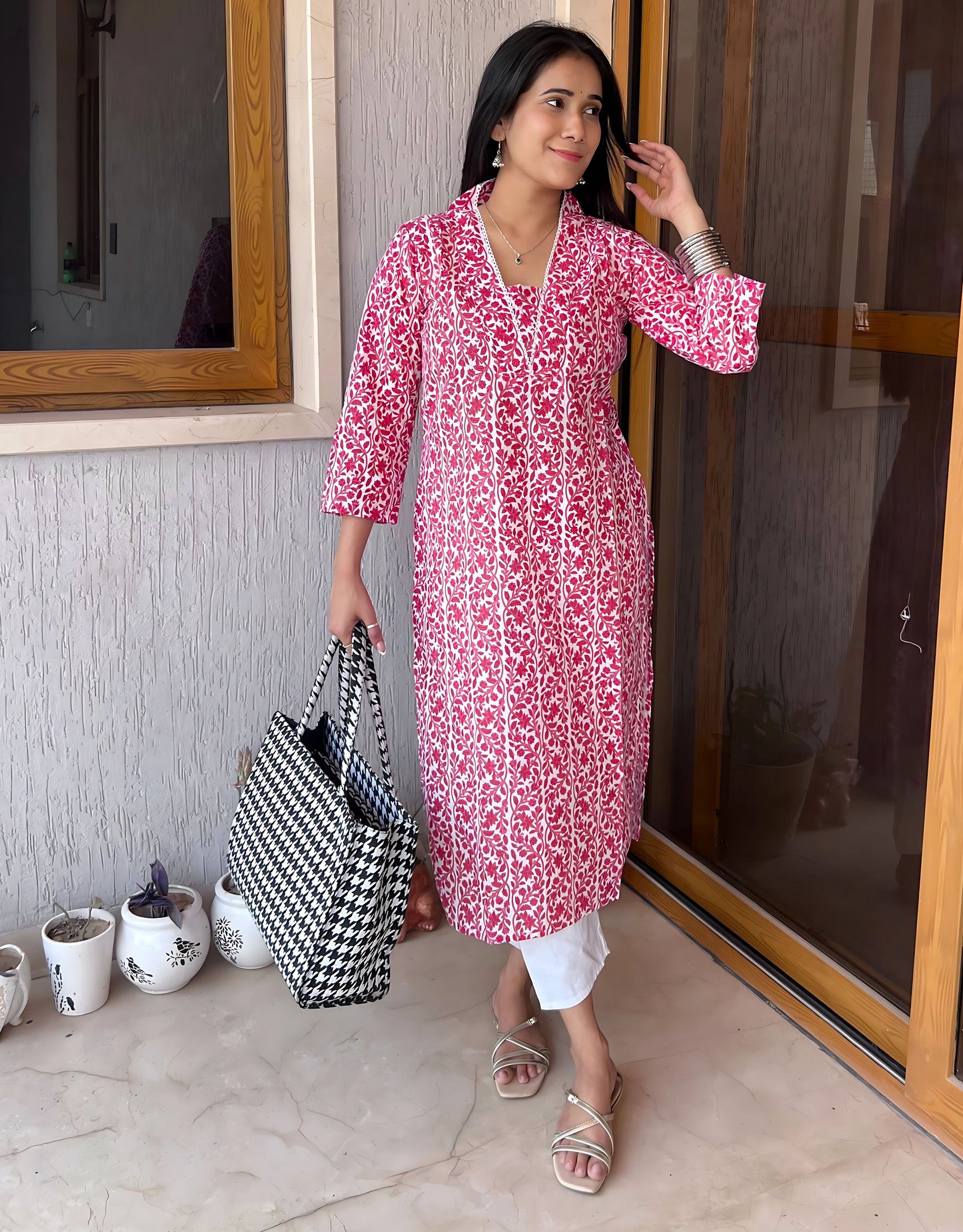 V-Neck Printed Casual Office Wear Kurti with Pant Set