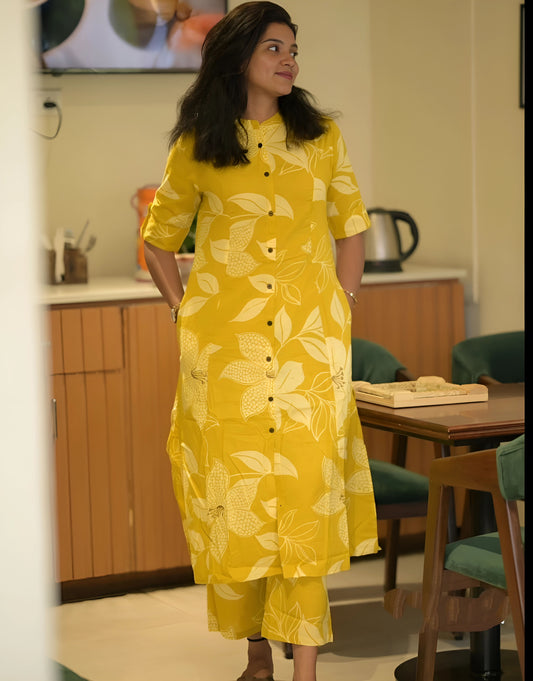 Sunflower Cotton Aline Kurti Set- Gulabi Paridhan