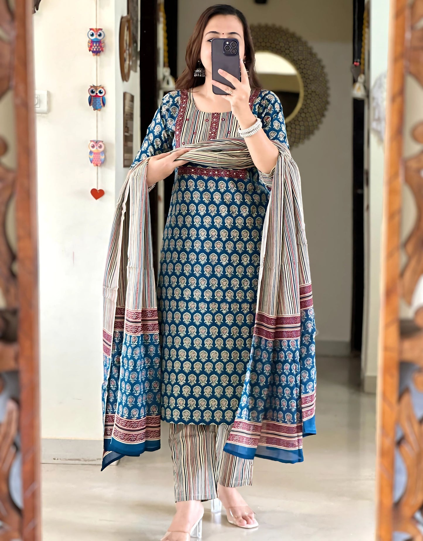 Jaipuri Mirror work Pure Cotton Kurti Set- Gulabi Paridhan