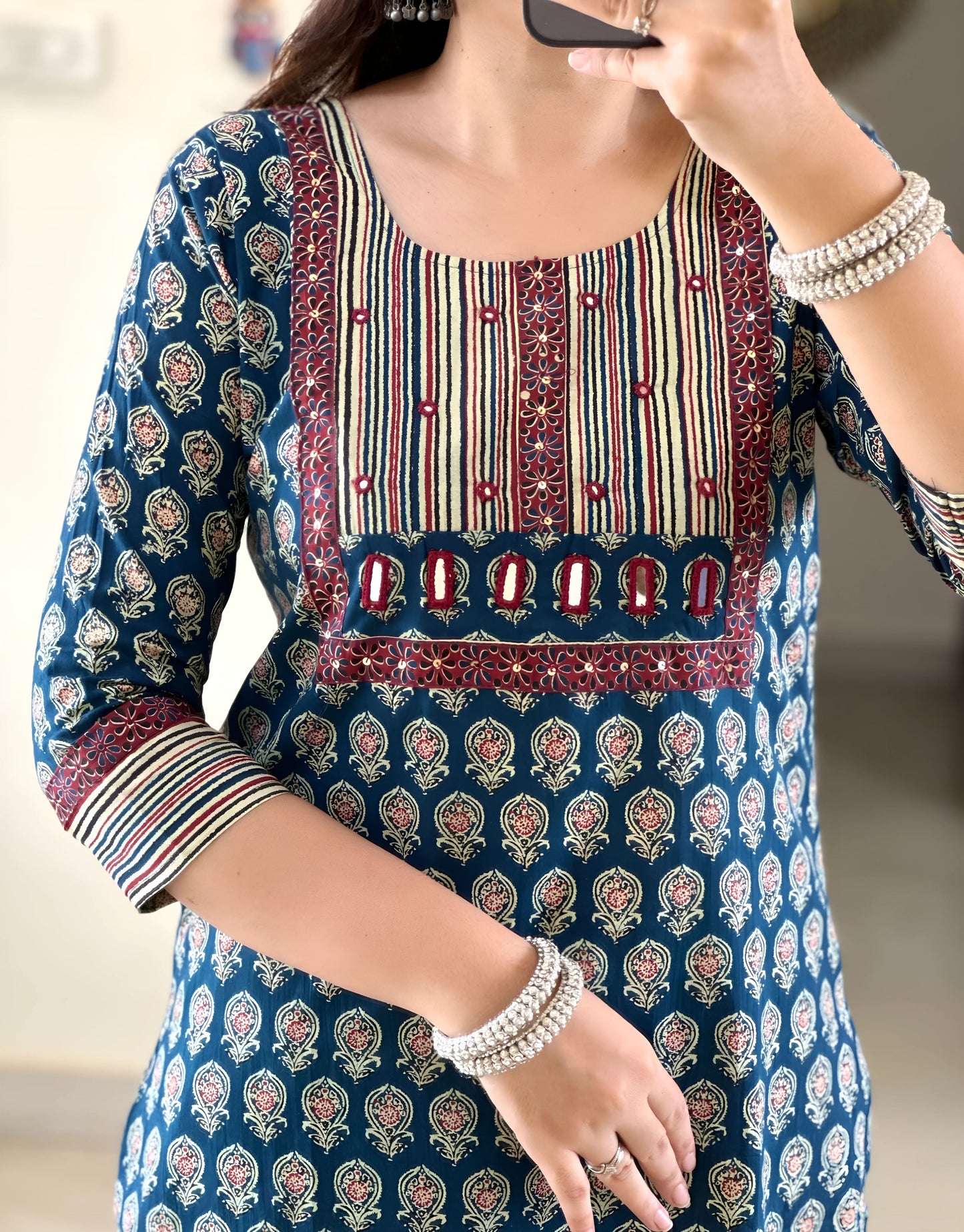 Jaipuri Mirror work Pure Cotton Kurti Set- Gulabi Paridhan