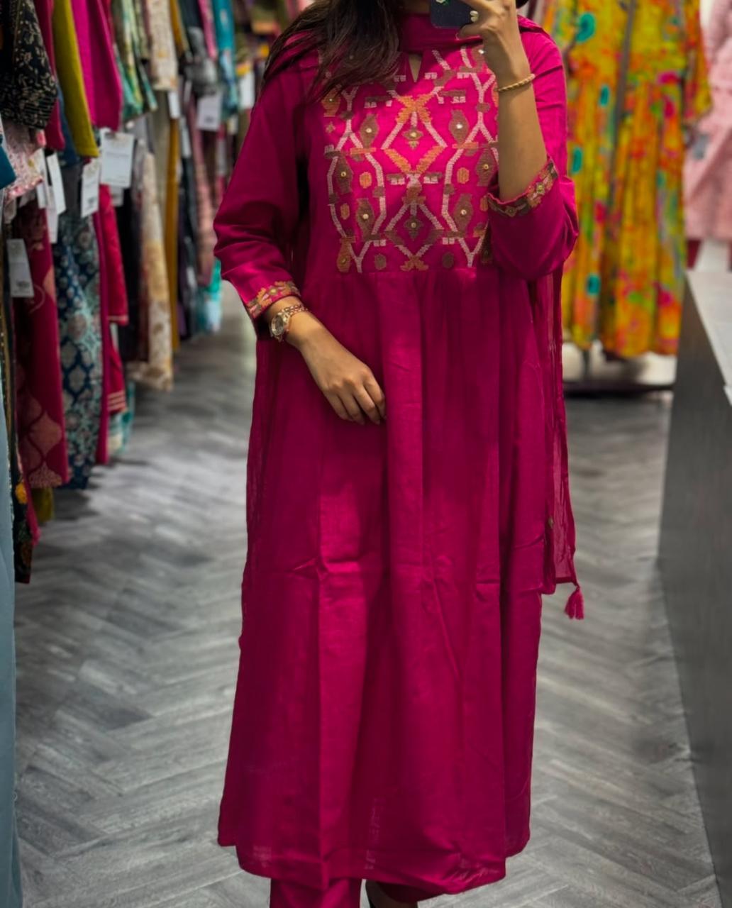 Threadwork Pure Cotton Kurti Set- Gulabi Paridhan