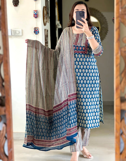 Jaipuri Mirror work Pure Cotton Kurti Set- Gulabi Paridhan