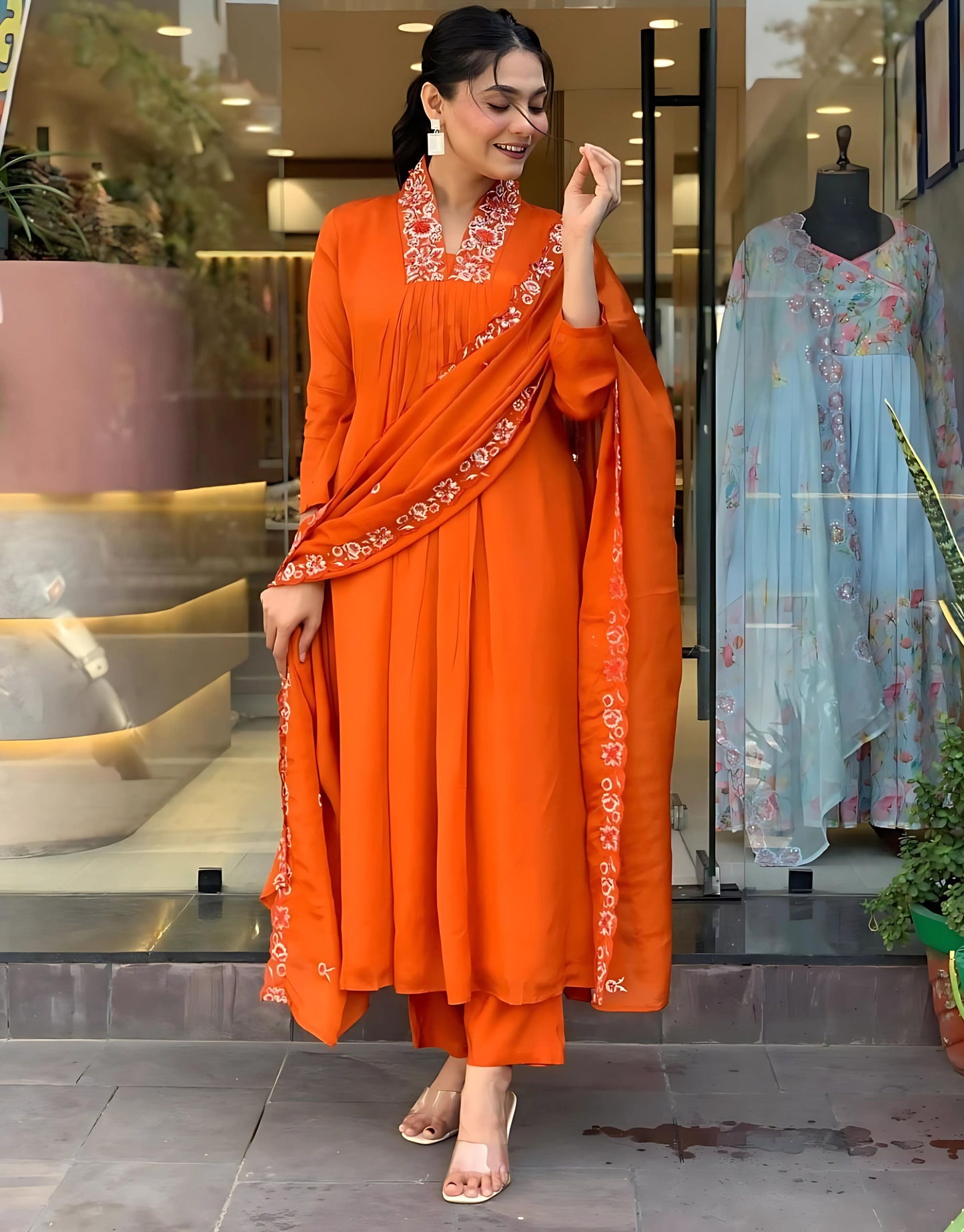 Ranjha Orange Festive Embroidered Dupatta Set- Gulabi Paridhan