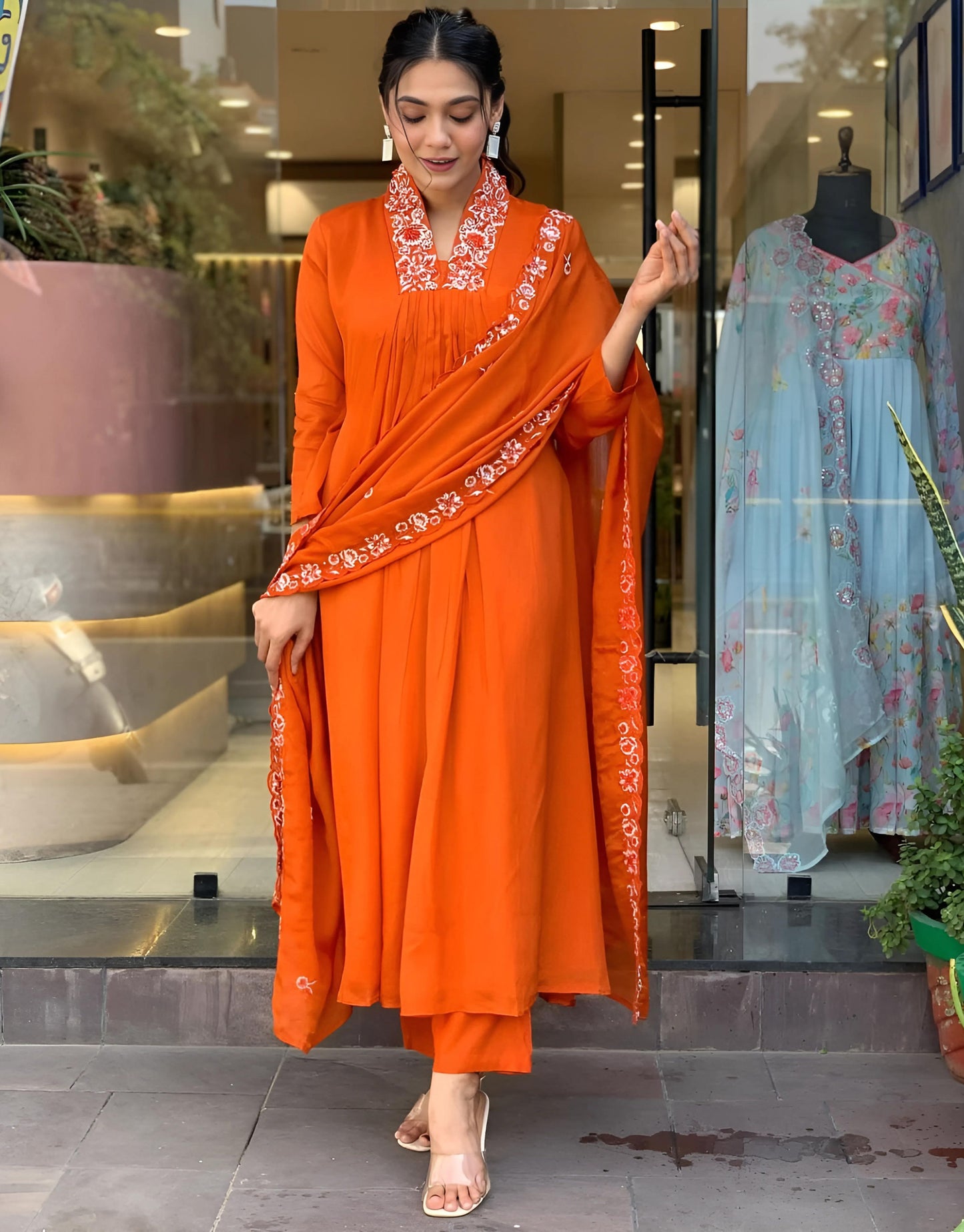 Ranjha Orange Festive Embroidered Dupatta Set- Gulabi Paridhan
