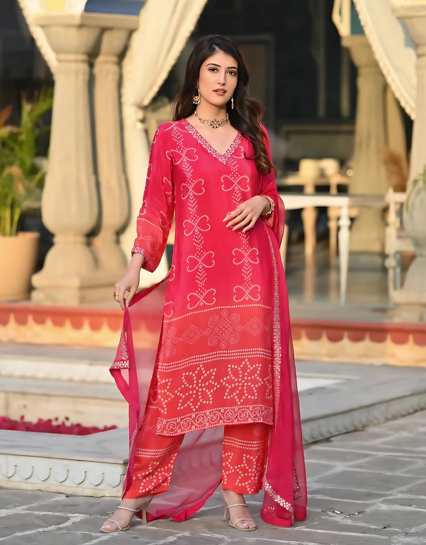 Bandhani Silk Ombre Festive Kurta Set - Gulabi Paridhan