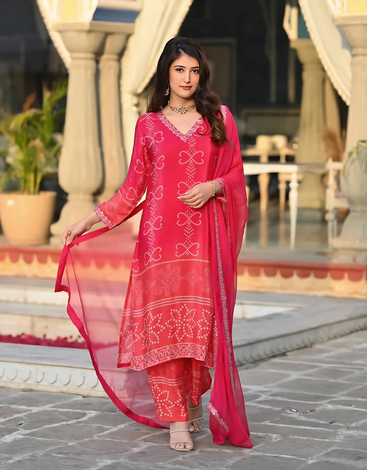 Bandhani Silk Ombre Festive Kurta Set - Gulabi Paridhan
