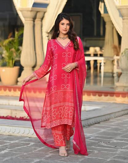 Bandhani Silk Ombre Festive Kurta Set - Gulabi Paridhan