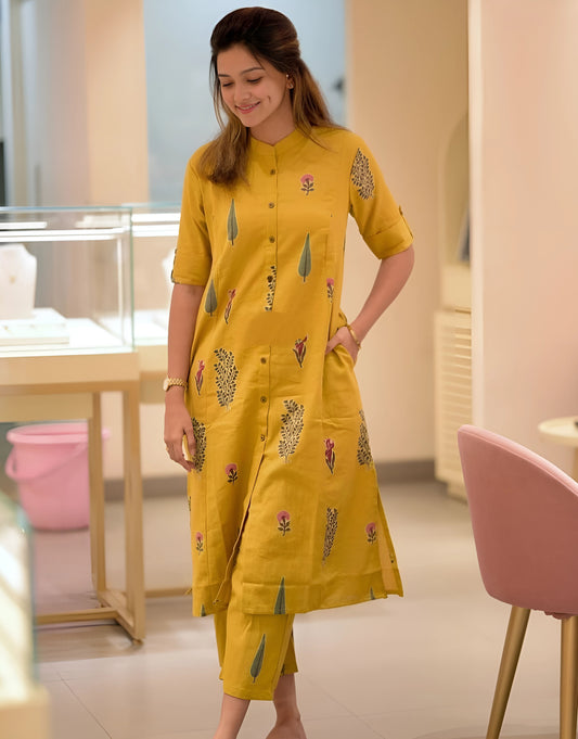 Yellow Blockprinted Aline Kurti Set- Gulabi Paridhan