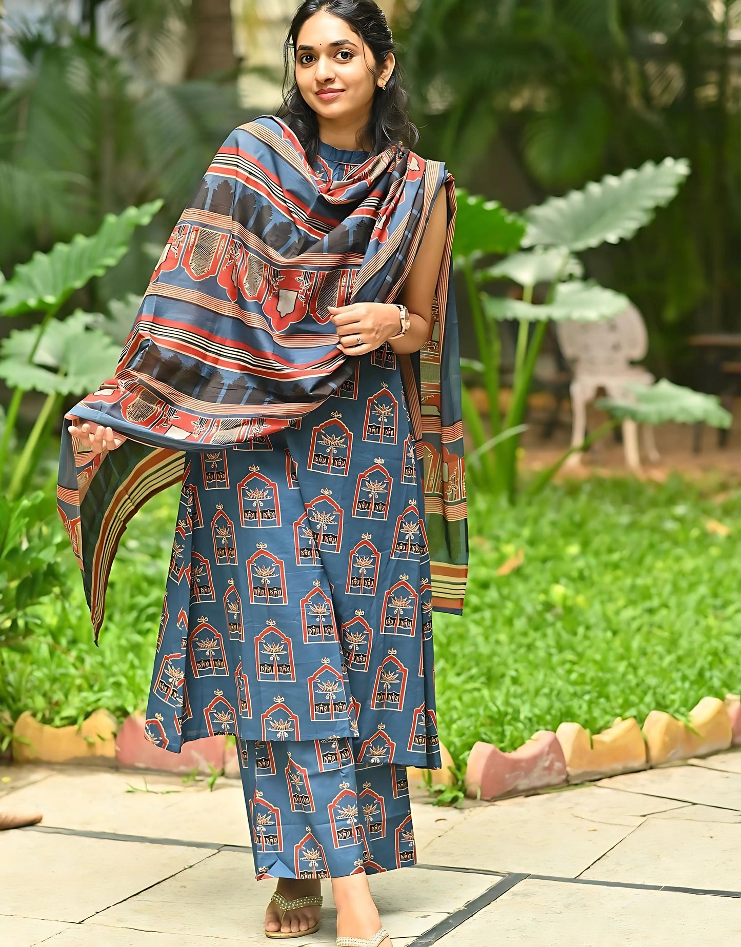Halter Neck Ajrakh Handprint Kurta Set- Gulabi Paridhan