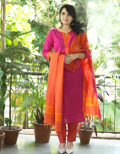 Aarthi Serene Pink Orange South Cotton Kurtha Set