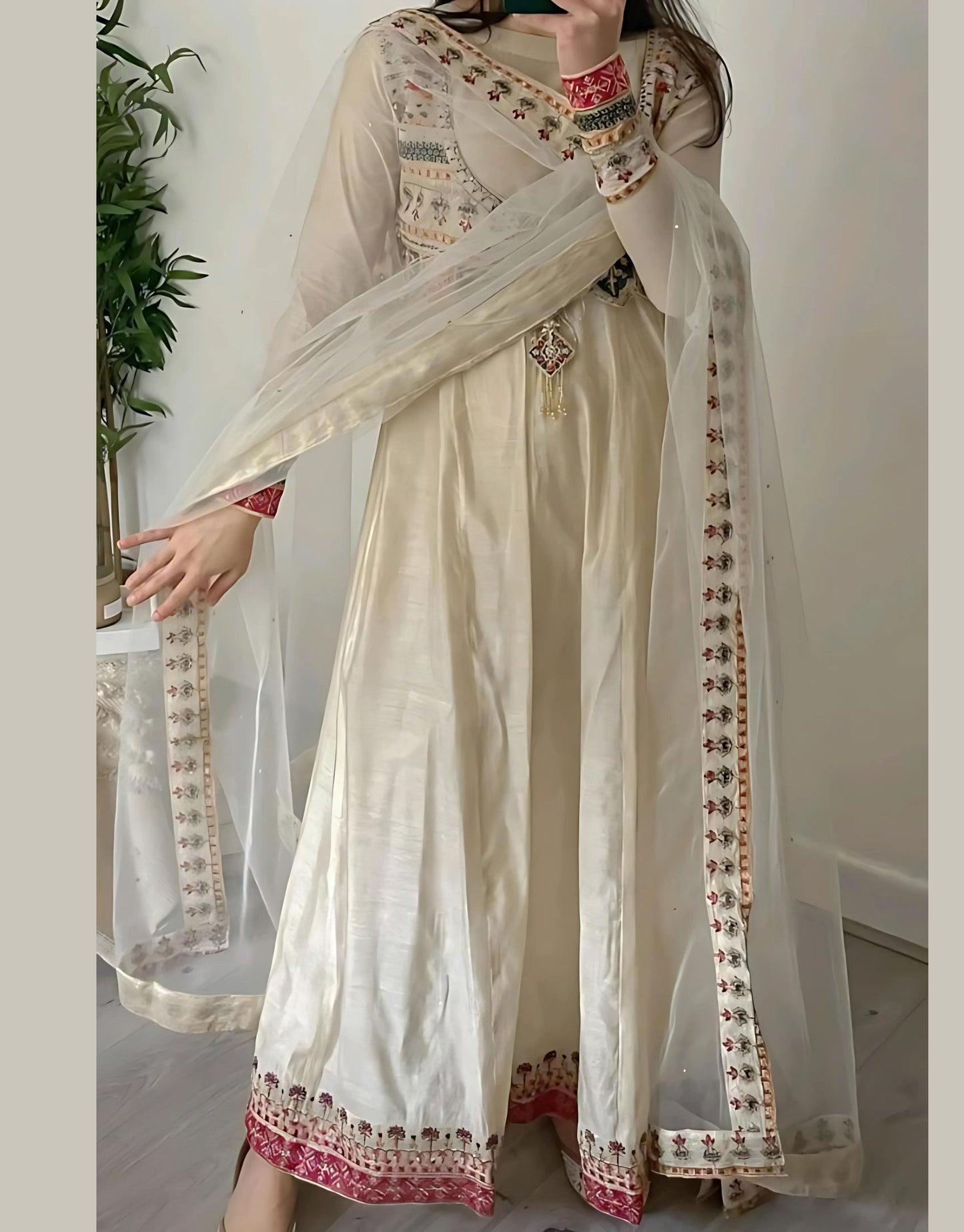 Ivory Chanderi Embroidered Party wear Gown with Dupatta