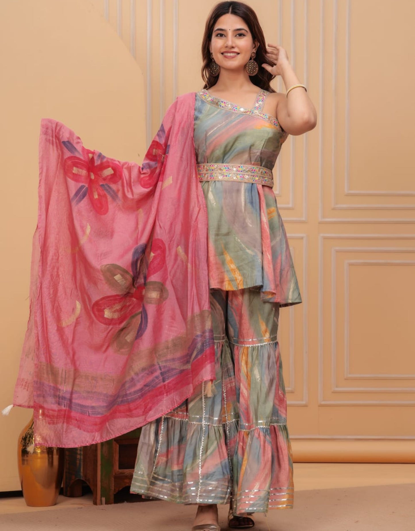 Ziva Designer Peplum Style Garara Set- Gulabi Paridhan