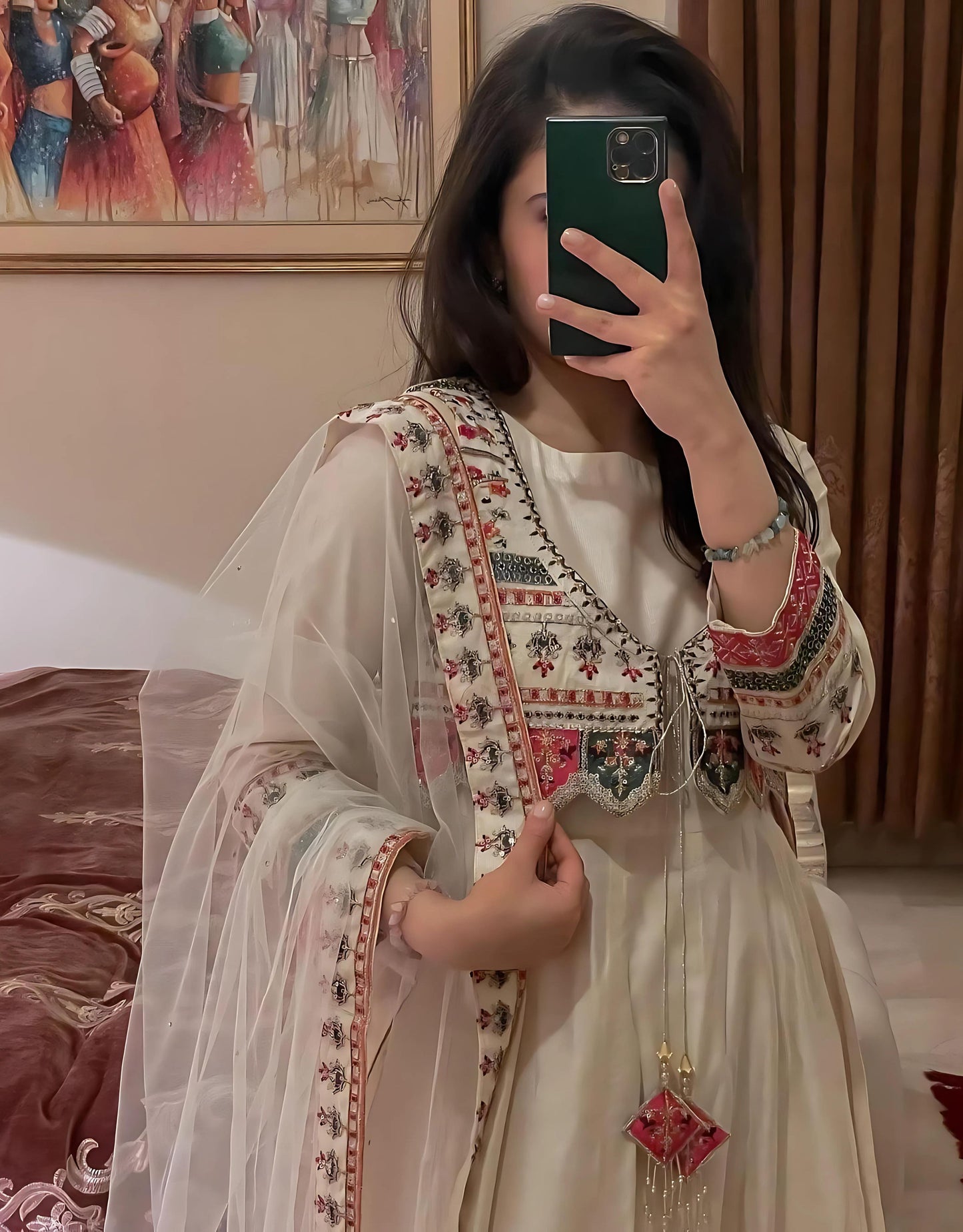 Ivory Chanderi Embroidered Party wear Gown with Dupatta