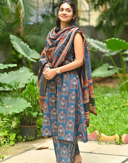 Halter Neck Ajrakh Handprint Kurta Set- Gulabi Paridhan