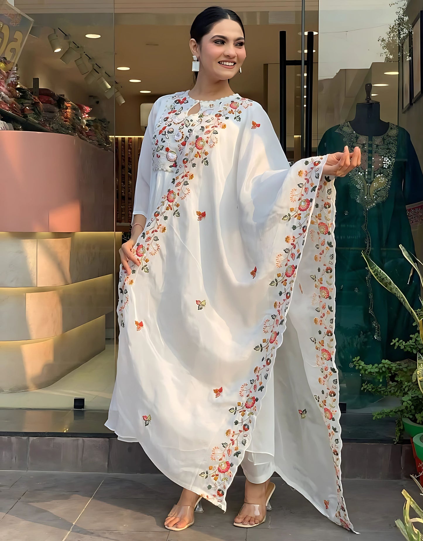 White Rose Embroidered Kurta and Dupatta with pant- Gulabi Paridhan