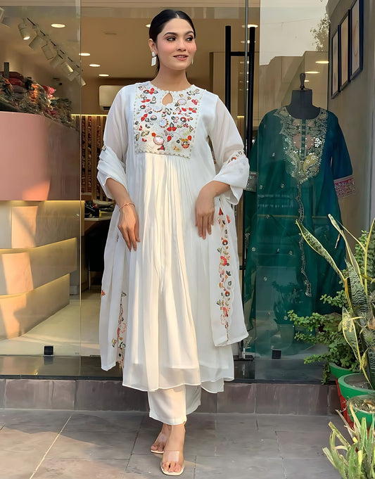 White Rose Embroidered Kurta and Dupatta with pant- Gulabi Paridhan