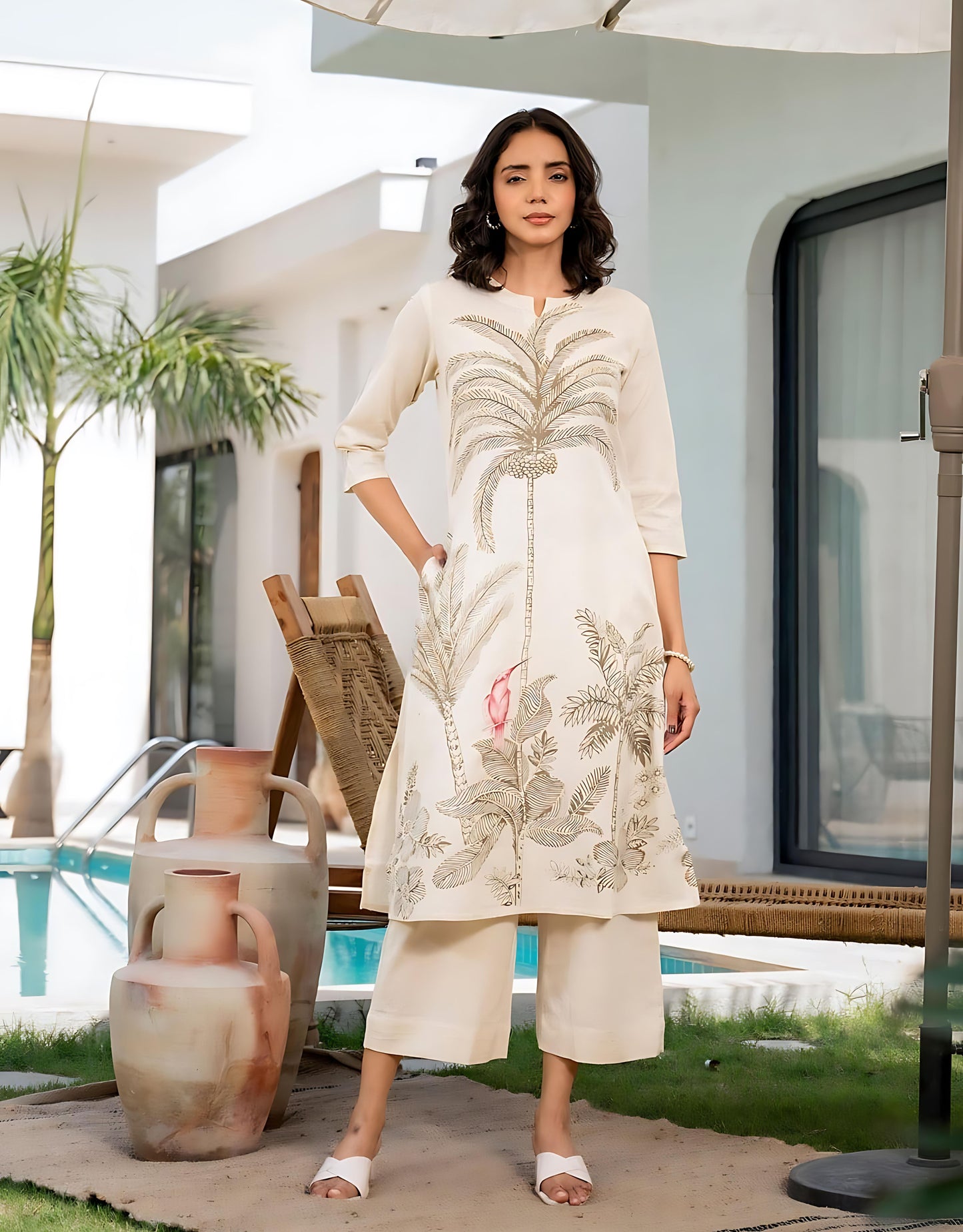 Floral Printed Aline Off White Kurta Set- Gulabi Paridhan