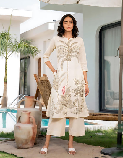 Floral Printed Aline Off White Kurta Set- Gulabi Paridhan