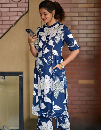Mystic Blue Aline Cotton Kurti Set- Gulabi Paridhan
