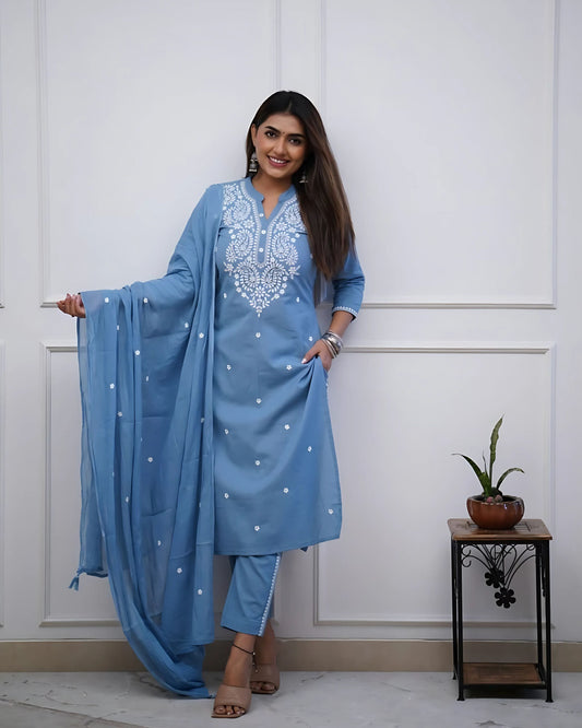 Pure Cotton Heavy Chikan Embroidery Salwar Suit Set- Gulabi Paridhan