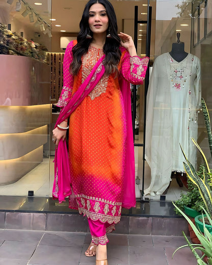 Pink Orange Designer Bandhej Kurta Set - Gulabi Paridhan