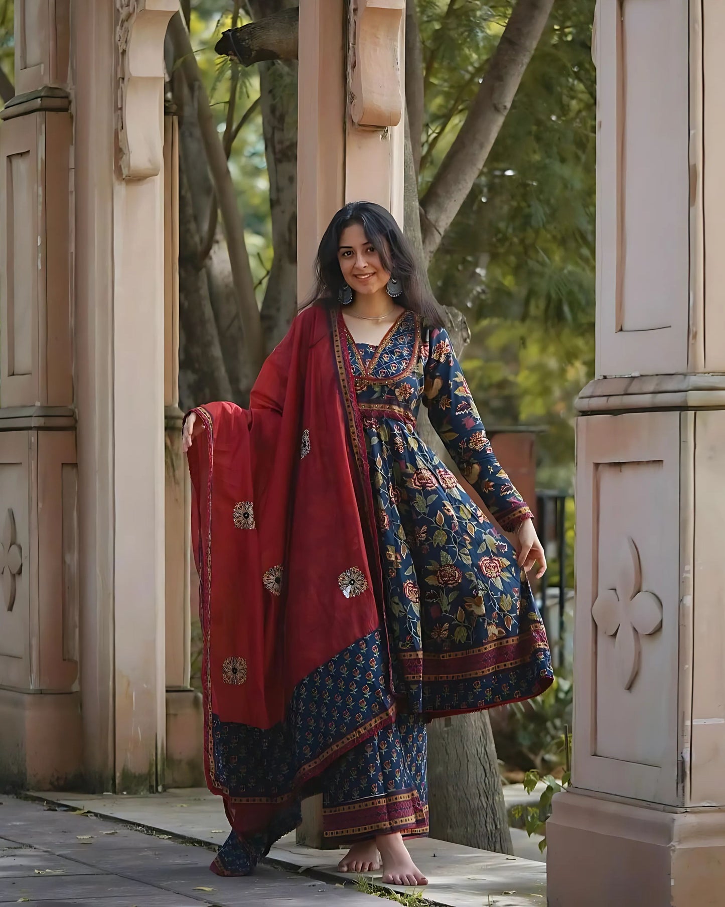 Pure Cotton Jaipuri Printed Traditional Anarkali Set- Gulabi Paridhan