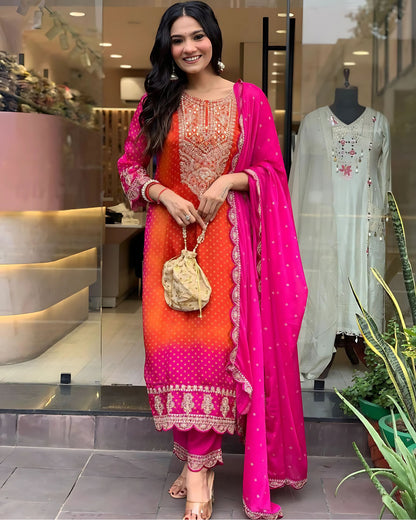 Pink Orange Designer Bandhej Kurta Set - Gulabi Paridhan