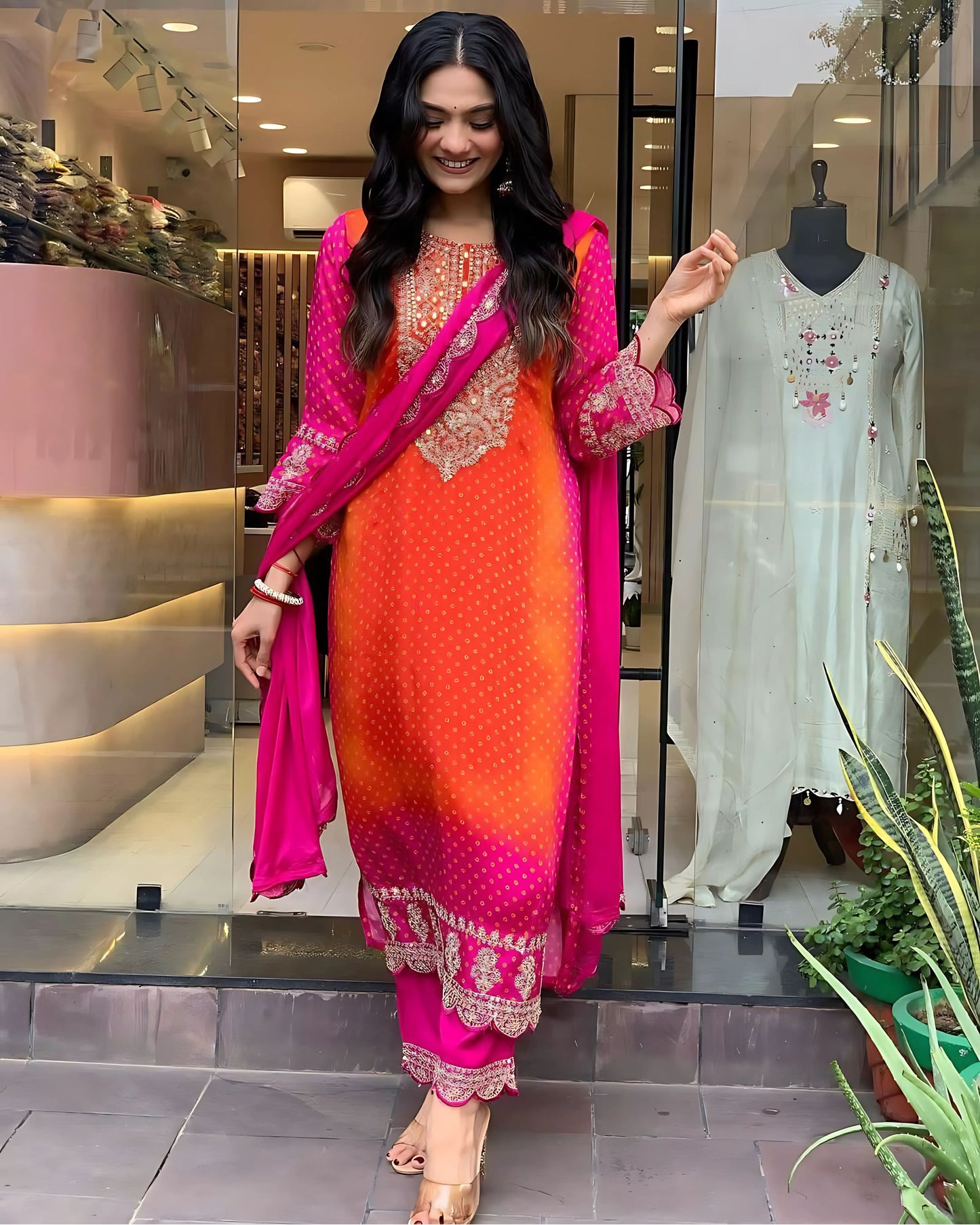 Pink Orange Designer Bandhej Kurta Set - Gulabi Paridhan