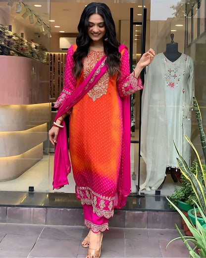 Pink Orange Designer Bandhej Kurta Set - Gulabi Paridhan