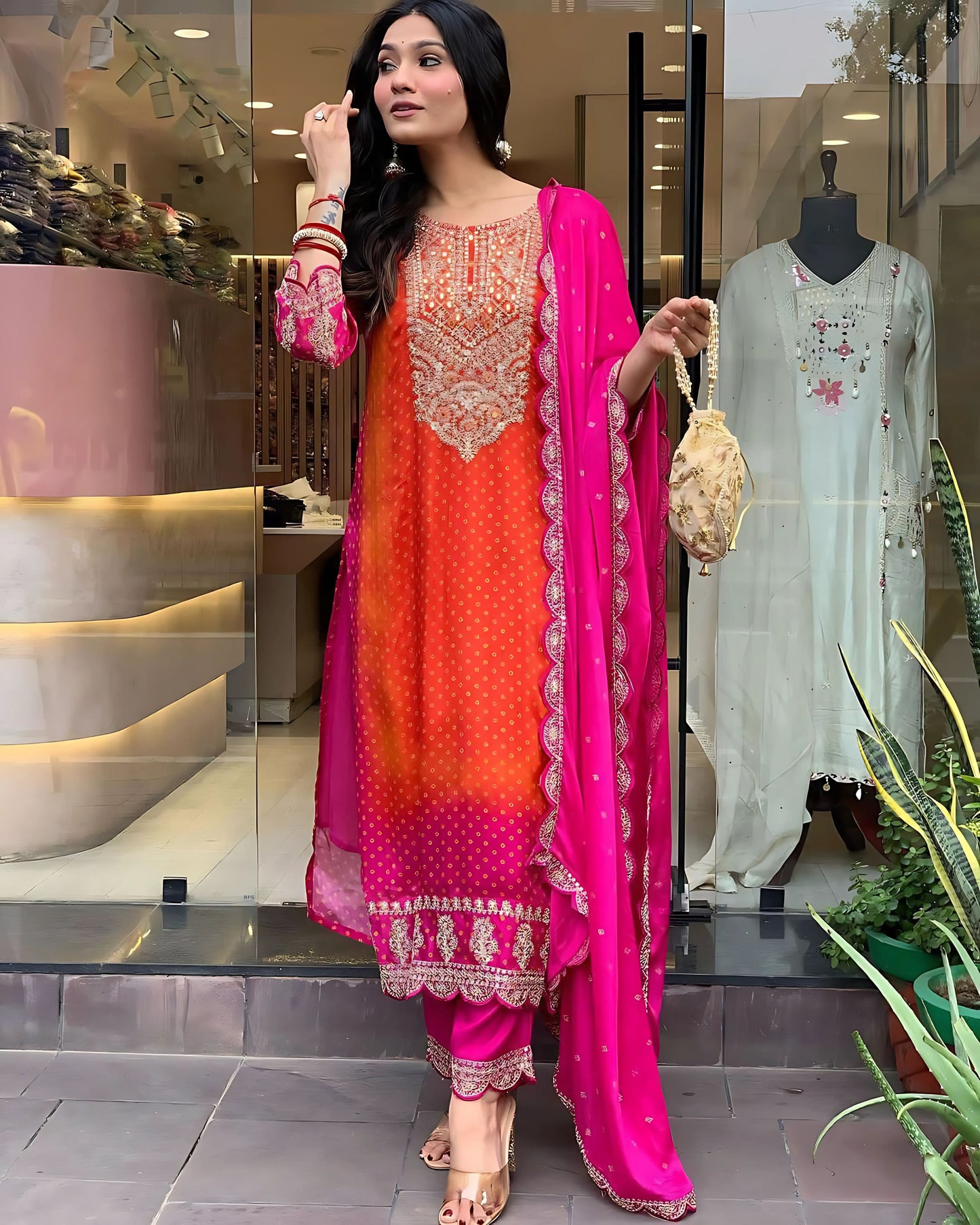 Pink Orange Designer Bandhej Kurta Set - Gulabi Paridhan