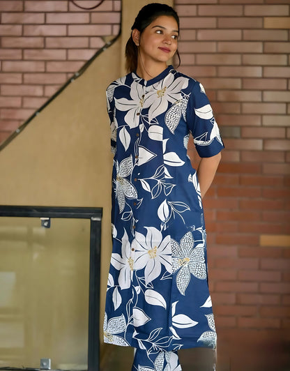 Mystic Blue Aline Cotton Kurti Set- Gulabi Paridhan