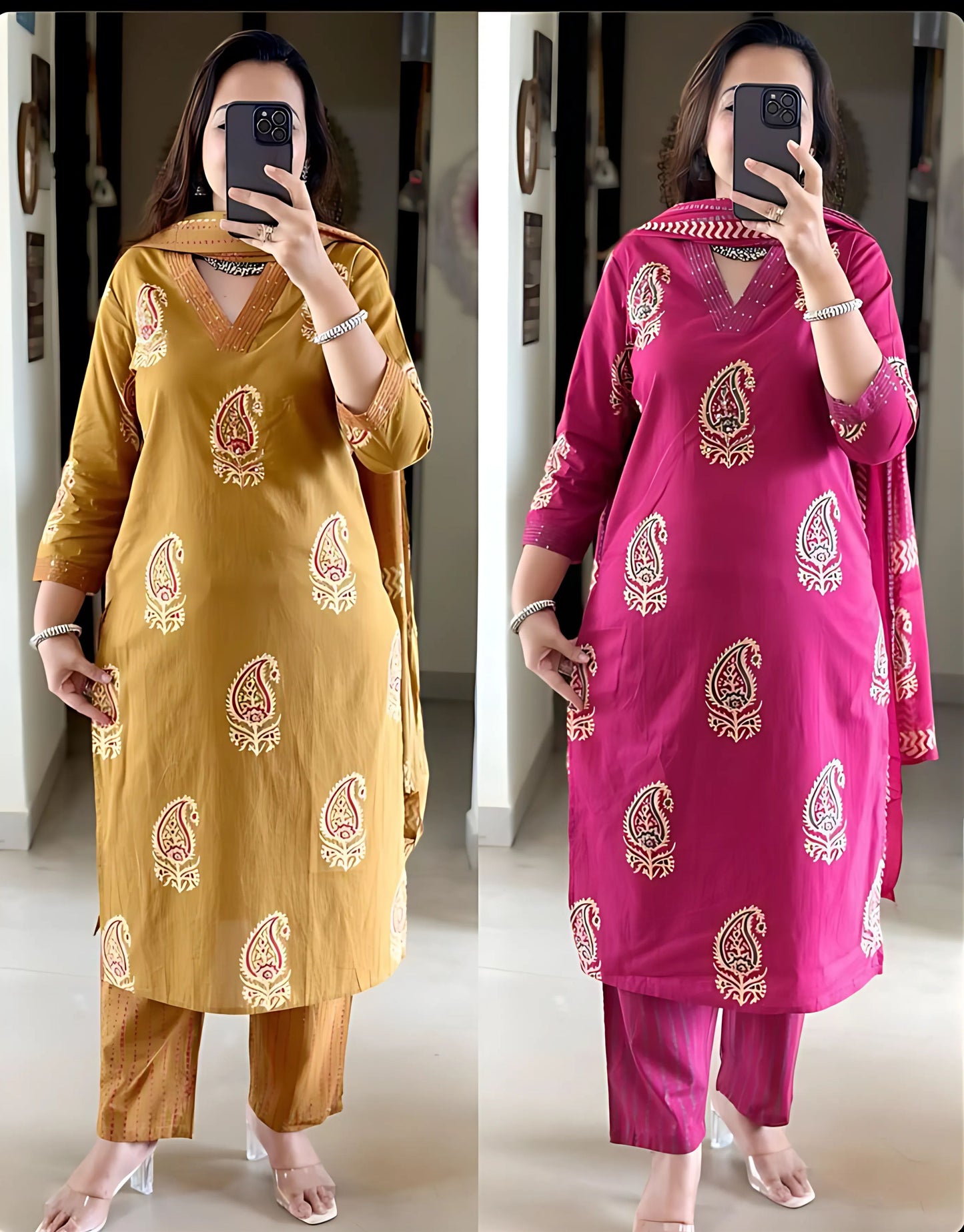 Yukta Pure cotton Handblock V-Neck Kurta Set - Gulabi Paridhan
