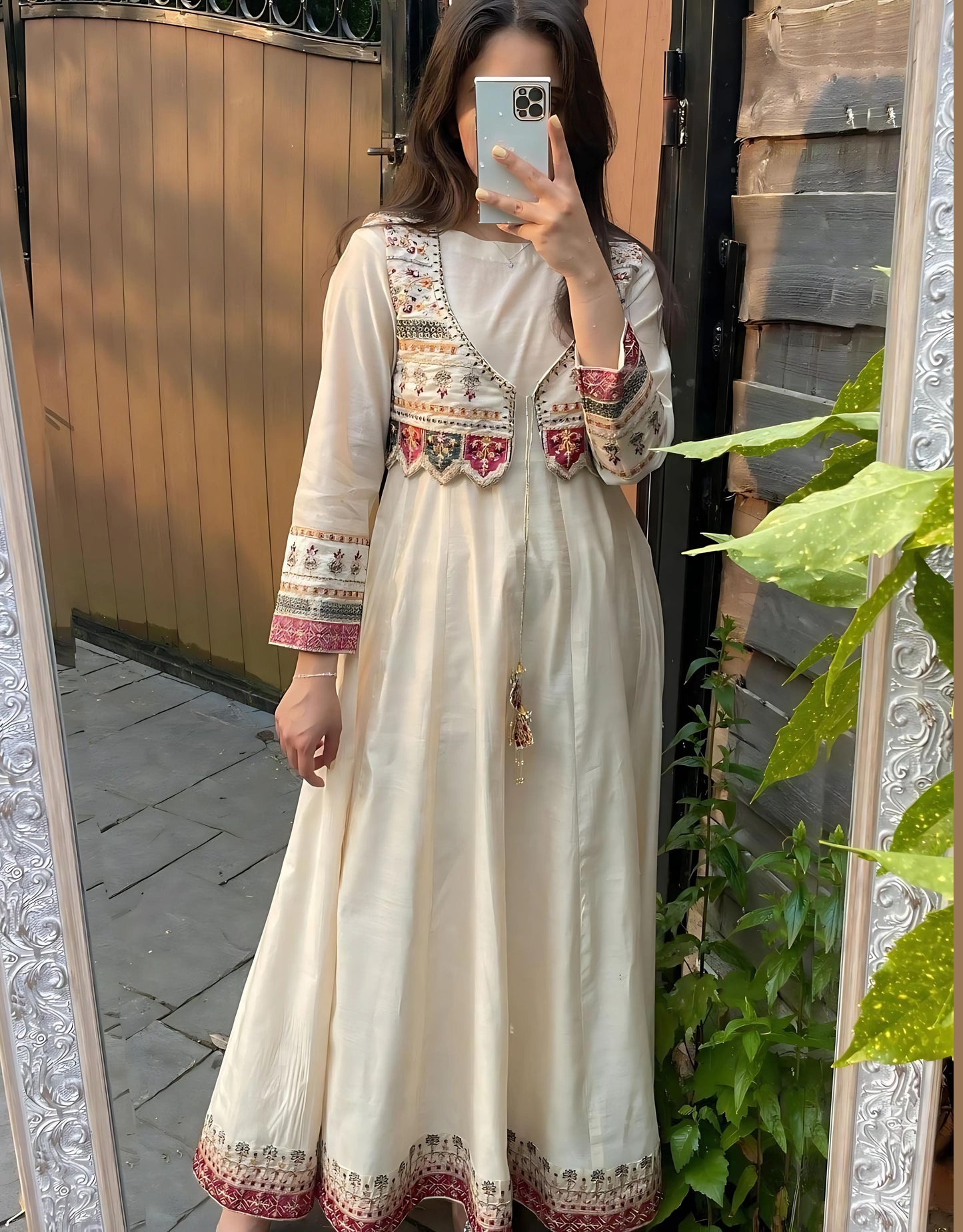 Ivory Chanderi Embroidered Party wear Gown with Dupatta