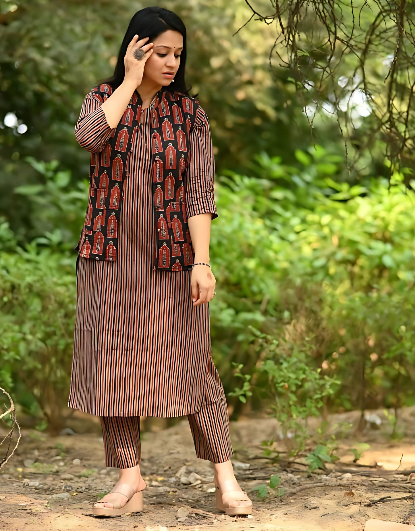 Blockprint Jaipuri Quilted Jacket Kurta Set- Gulabi Paridhan