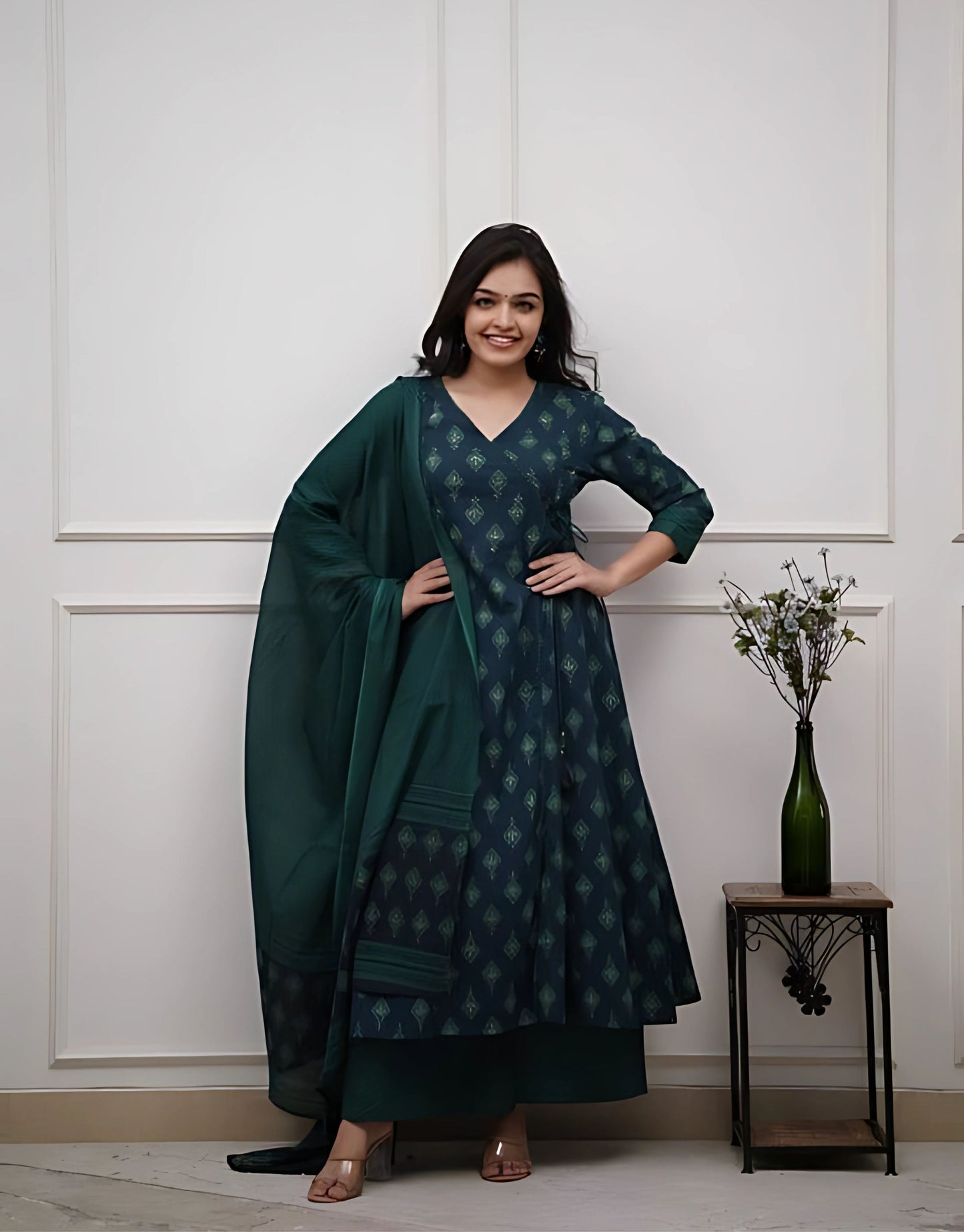 Geometrical Patterned Angrakha Style Anarkali Kurta Set- Gulabi Paridhan